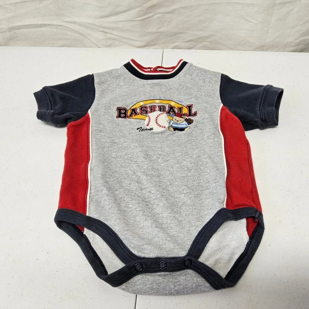 Simply Basic Baseball Bodysuit Kids Large 12-18M Gray Navy Red Colorblock Bear